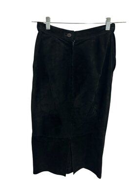 Vintage Size 8 Black Genuine Suede Pencil Skirt Back Slit Noir Gothic